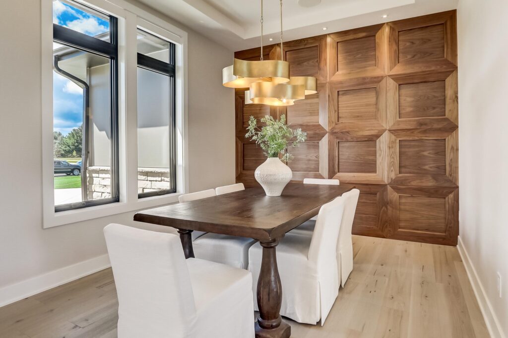 Dining room with custom wood accent wall design
