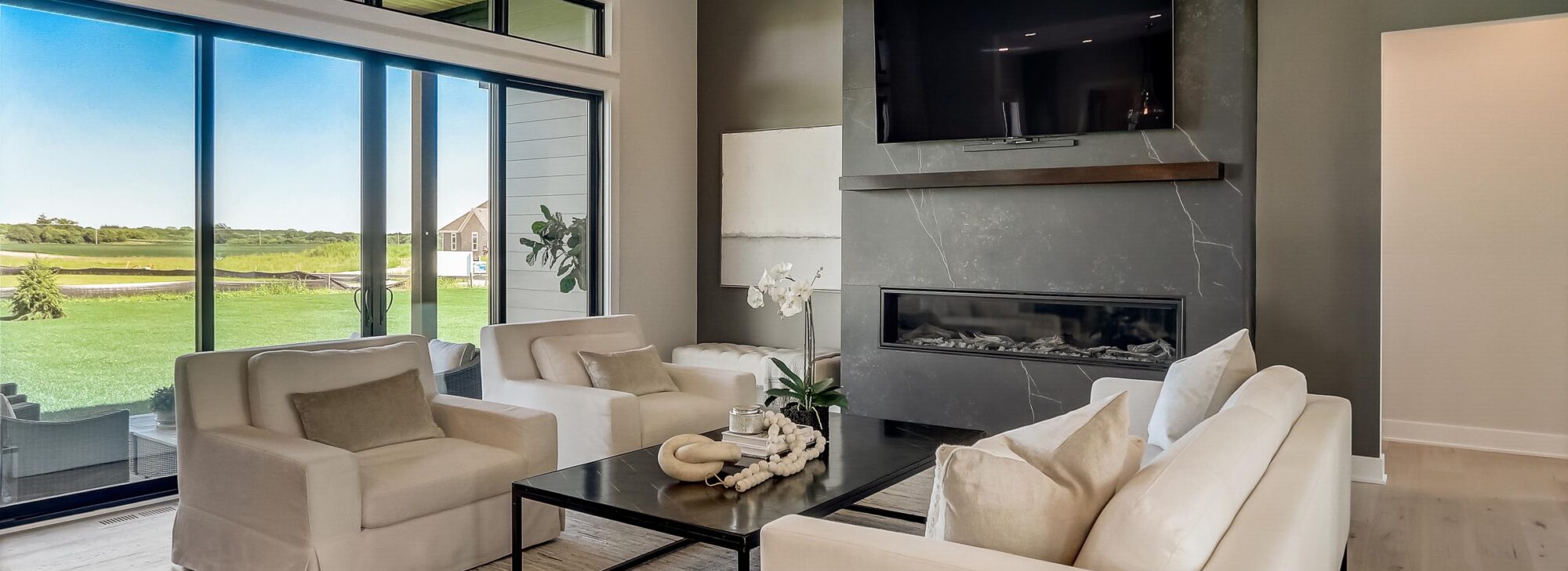 Custom interior design of a living area with fireplace